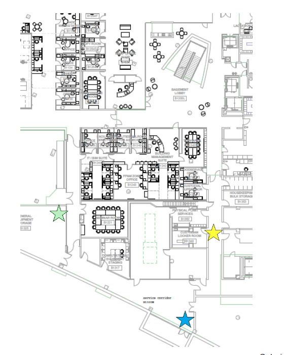 Map of Discovery Building lower level where garbage cans are kept